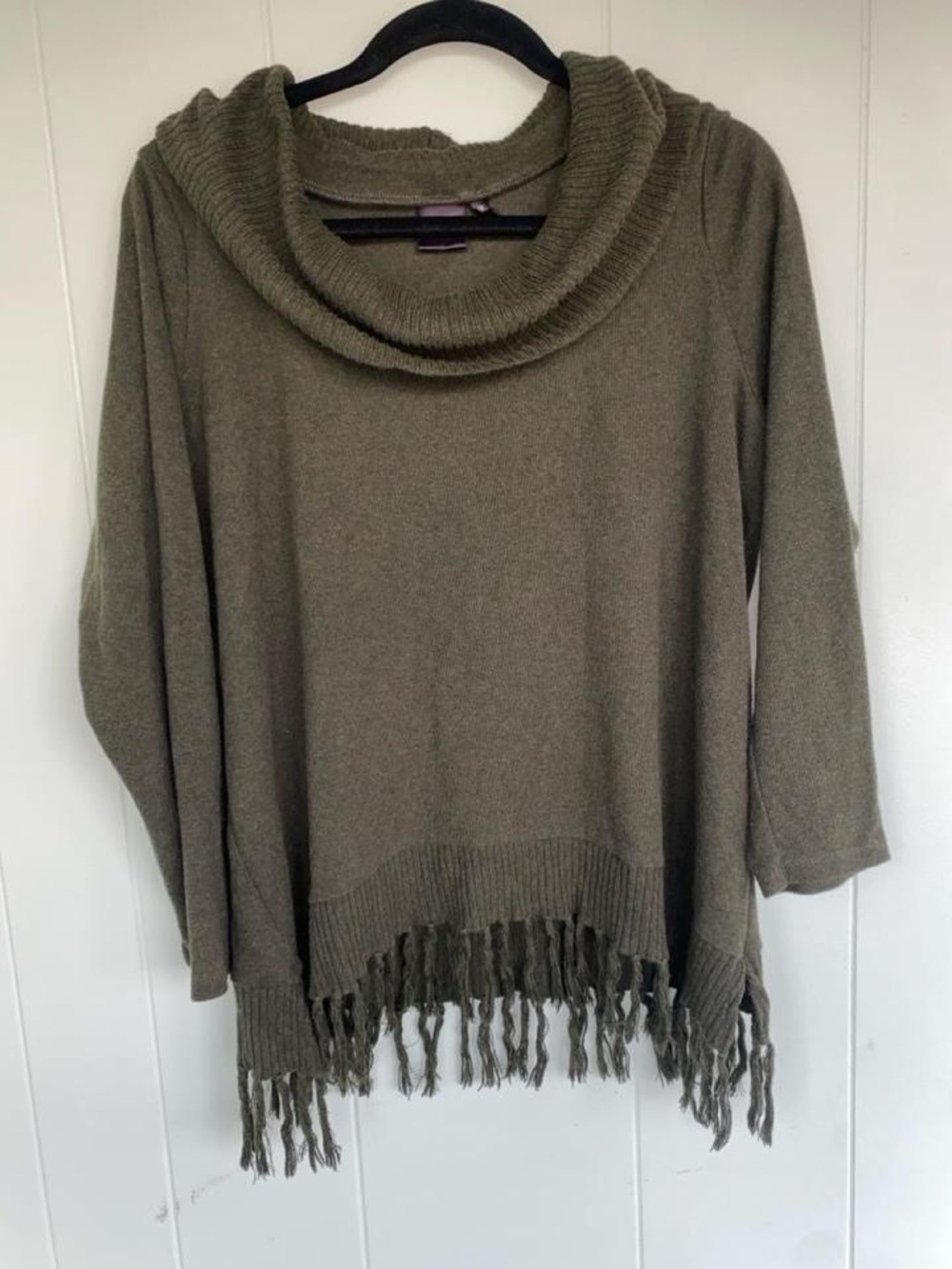 Rafaella Olive Green Cowl Neck Fringe Hem Sweater